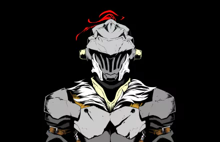 HD desktop wallpaper of the anime Goblin Slayer featuring the character in intricate armor with a red plume against a black background.