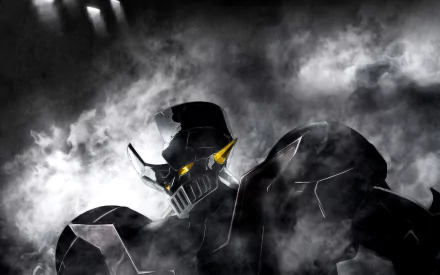 HD PC desktop wallpaper featuring Mazinger Z from anime, emerging through dark smoke with glowing yellow accents and a dramatic, shadowy atmosphere.
