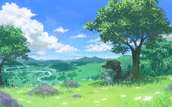 Anime-style HD PC desktop wallpaper depicting a serene landscape with lush greenery, a winding river, and a stormy night atmosphere subtly hinted in the distance.