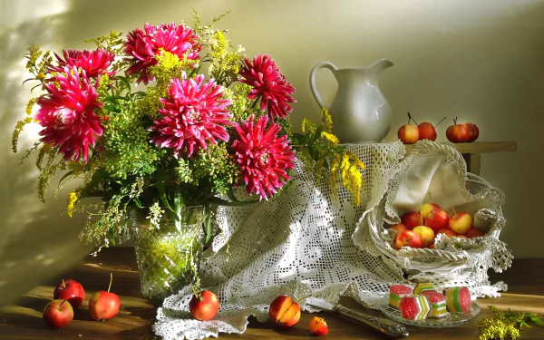 lace vase apple flower photography still life HD Desktop Wallpaper | Background Image