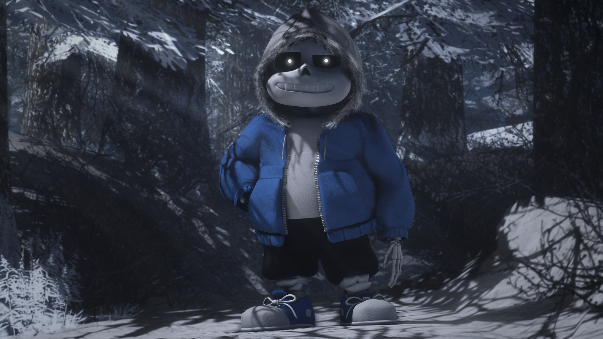 Sans from Undertale stands confidently in a dark, snowy forest in this 4K Ultra HD PC desktop wallpaper inspired by the video game.