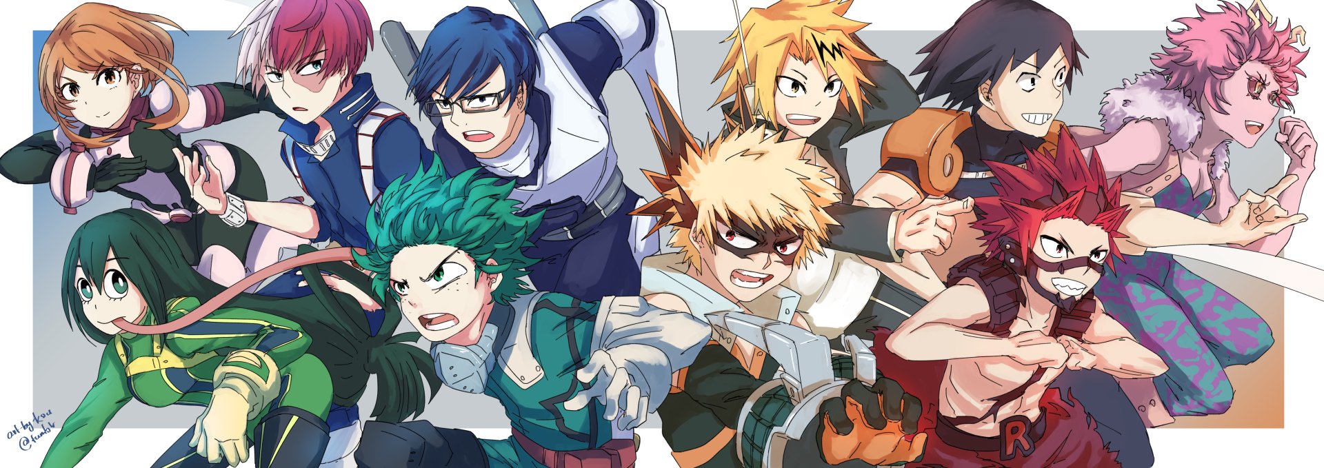 Download Mina Ashido Eijiro Kirishima Hanta Sero Denki Kaminari Katsuki Bakugou Izuku Midoriya Tenya Iida Shoto Todoroki Tsuyu Asui Ochaco Uraraka Anime My Hero Academia HD Wallpaper by Kou Getsu