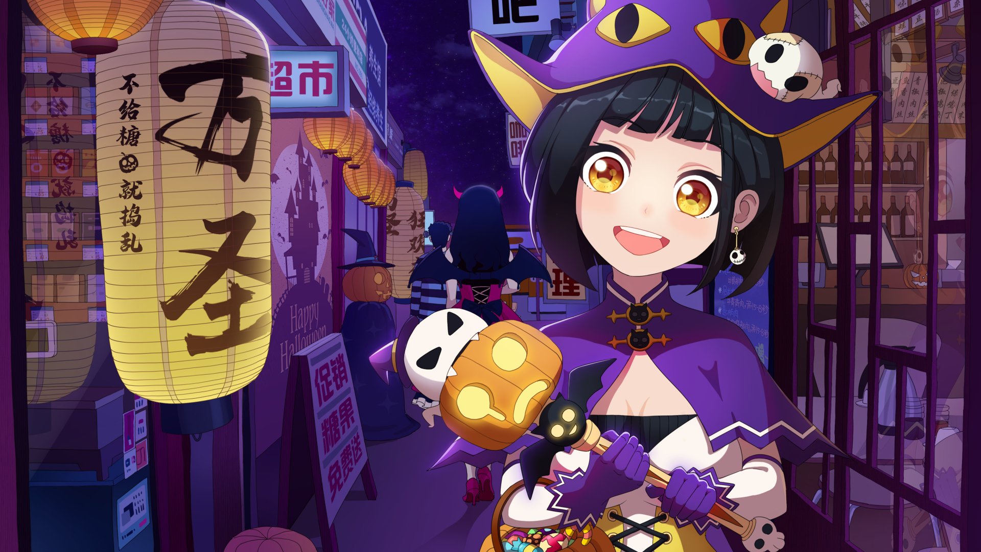 Anime original character in a purple witch outfit holding a glowing jack-o'-lantern on a neon street at night — 4K Ultra HD PC desktop wallpaper/background.