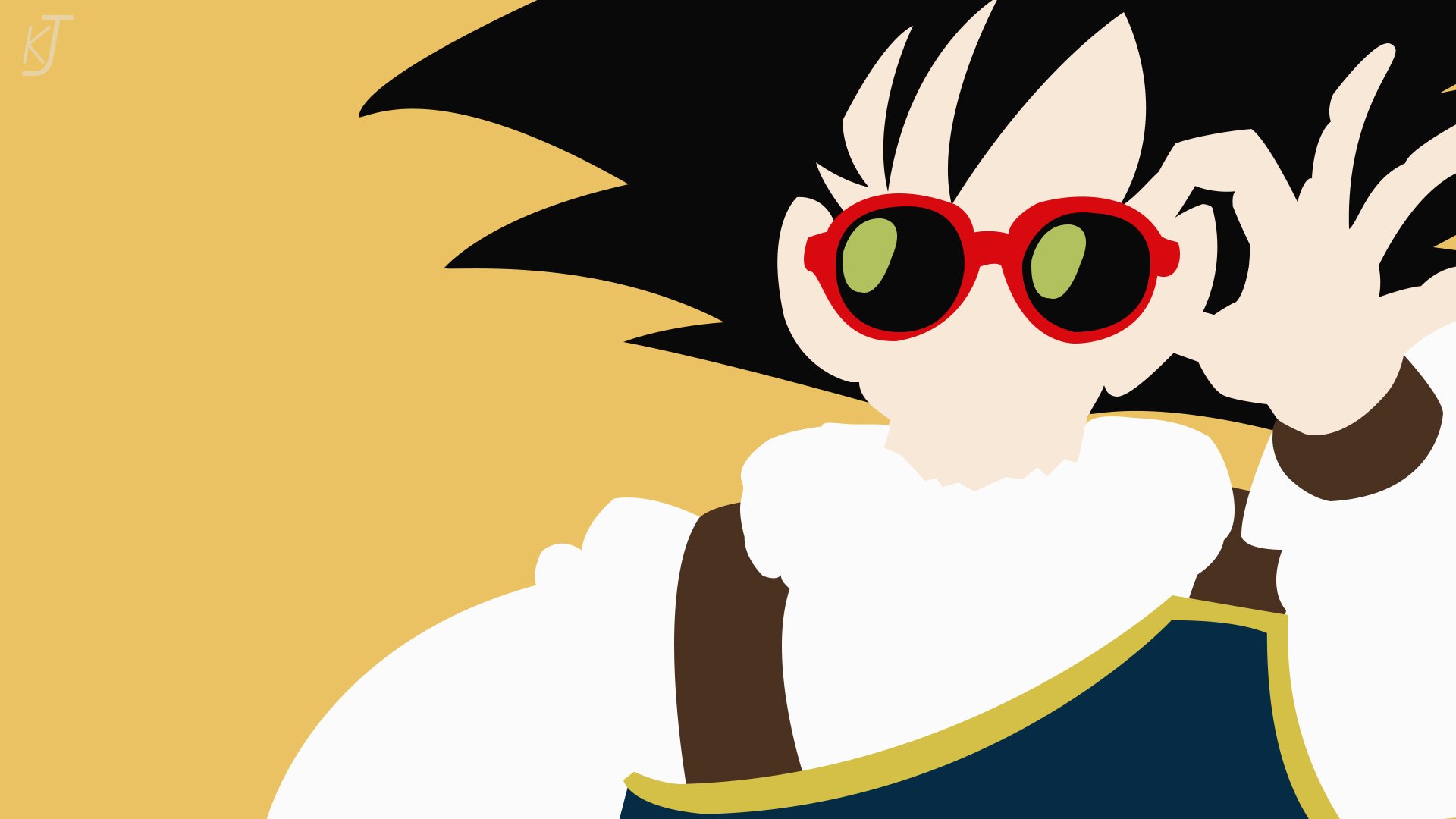 Minimalist HD PC desktop wallpaper of Goku from Dragon Ball Super wearing red sunglasses and a white scarf, set against a warm golden background.