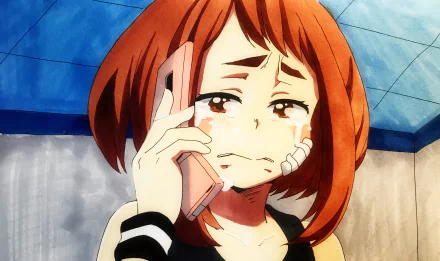 Emotional Ochaco Uraraka from My Hero Academia with tears and a bandage, holding a phone — anime 4K Ultra HD PC desktop wallpaper and background.