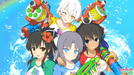 HD PC desktop wallpaper featuring vibrant characters from the video game SENRAN KAGURA Peach Beach Splash, holding colorful water guns against a bright blue watery background.