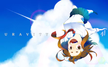 Ochaco Uraraka from My Hero Academia floats upside down against a bright blue sky with fluffy clouds — vibrant HD PC anime desktop wallpaper.