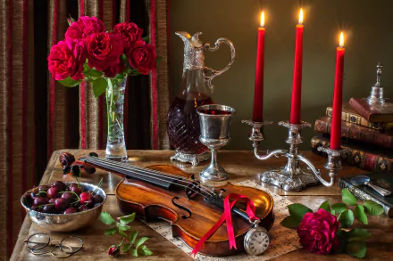 Romantic still life 5K Ultra HD PC wallpaper: violin on sheet music, pocket watch, magnifying glass, chalice, vase of roses, bowl of cherries, books and glowing red candles on a table.