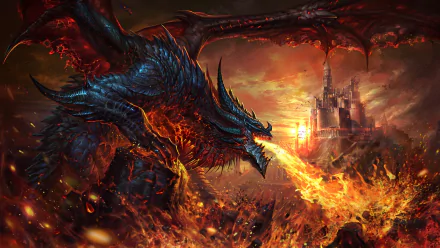 A majestic dragon breathes fire, engulfing a fantasy castle in flames and destruction. The HD desktop wallpaper captures an intense and dramatic scene.