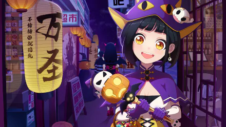 Anime original character in a purple witch outfit holding a glowing jack-o'-lantern on a neon street at night — 4K Ultra HD PC desktop wallpaper/background.