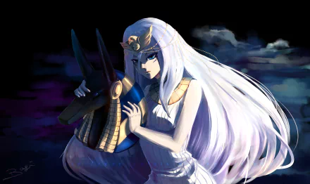 Anime Yu-Gi-Oh! 2K Quad HD PC desktop wallpaper/background: white-haired Egyptian priestess cradling an Anubis mask against a dark, stormy sky.
