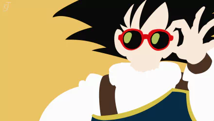 Minimalist HD PC desktop wallpaper of Goku from Dragon Ball Super wearing red sunglasses and a white scarf, set against a warm golden background.