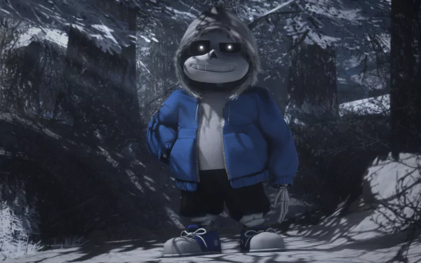 Sans from Undertale stands confidently in a dark, snowy forest in this 4K Ultra HD PC desktop wallpaper inspired by the video game.