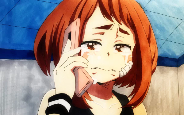 Emotional Ochaco Uraraka from My Hero Academia with tears and a bandage, holding a phone — anime 4K Ultra HD PC desktop wallpaper and background.