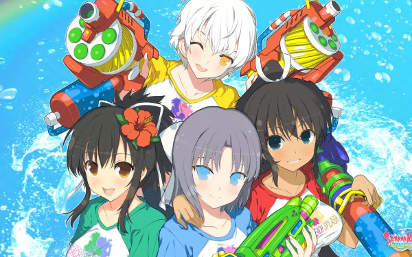 HD PC desktop wallpaper featuring vibrant characters from the video game SENRAN KAGURA Peach Beach Splash, holding colorful water guns against a bright blue watery background.