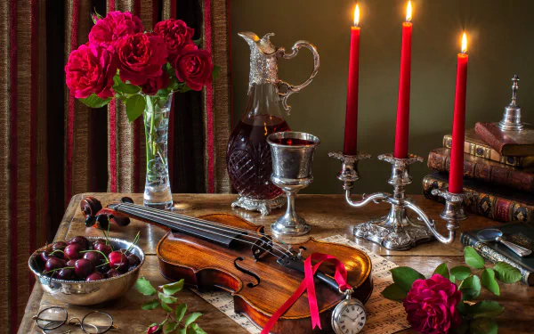 Romantic still life 5K Ultra HD PC wallpaper: violin on sheet music, pocket watch, magnifying glass, chalice, vase of roses, bowl of cherries, books and glowing red candles on a table.