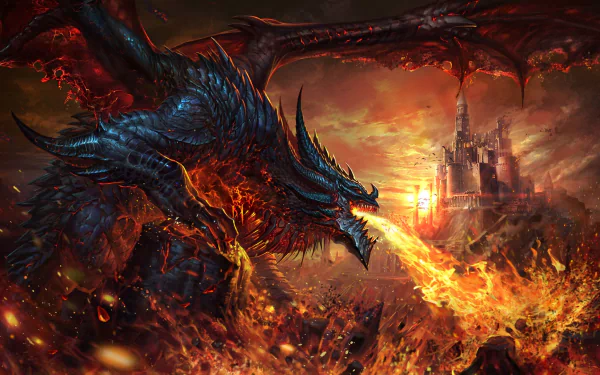 A majestic dragon breathes fire, engulfing a fantasy castle in flames and destruction. The HD desktop wallpaper captures an intense and dramatic scene.