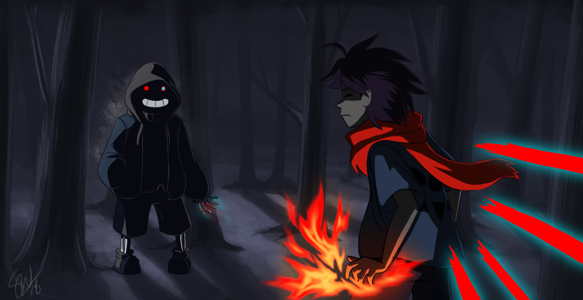 HD desktop wallpaper featuring Frisk and Sans from the video game Undertale, set in a dark forest with glowing red and blue fiery effects.