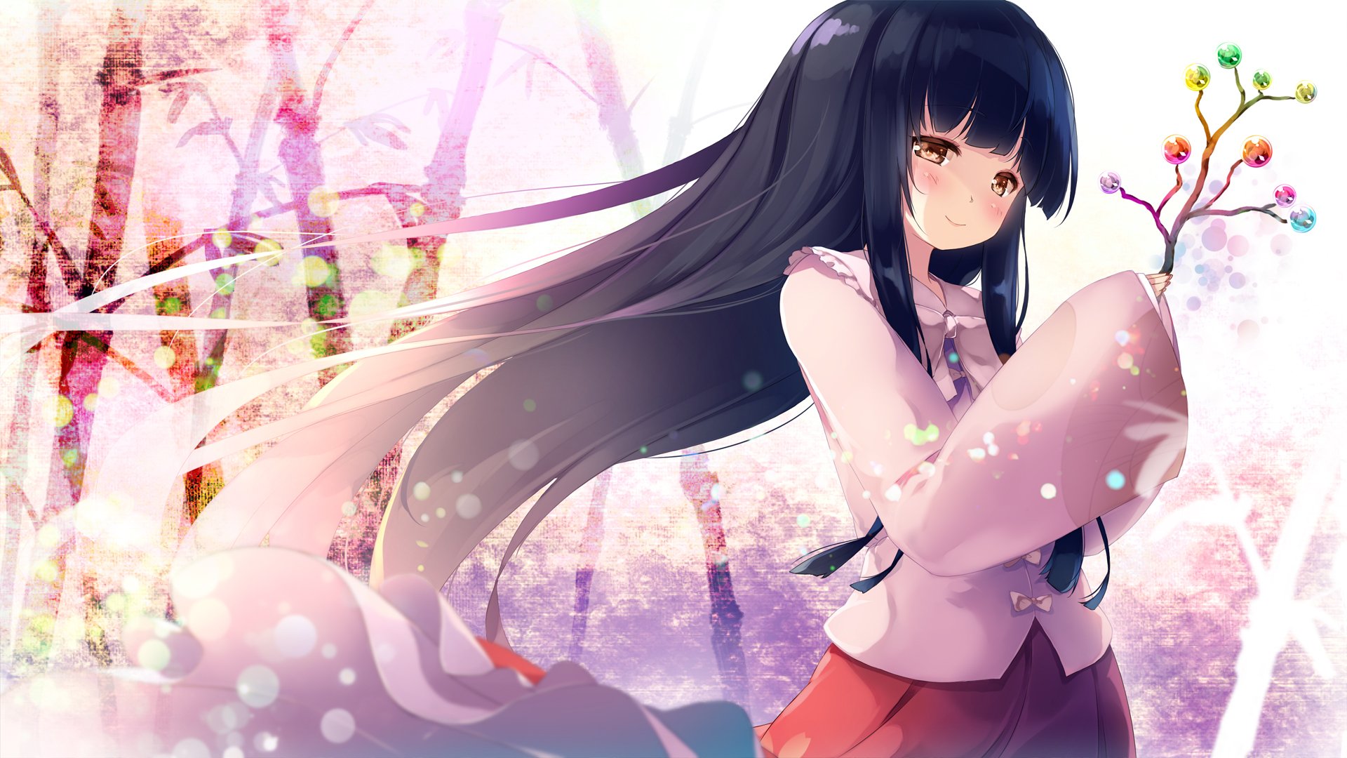 HD PC desktop wallpaper/background: Kaguya Houraisan (Touhou) anime portrait — long black hair and flowing sleeves among cherry blossoms and soft pastel light.