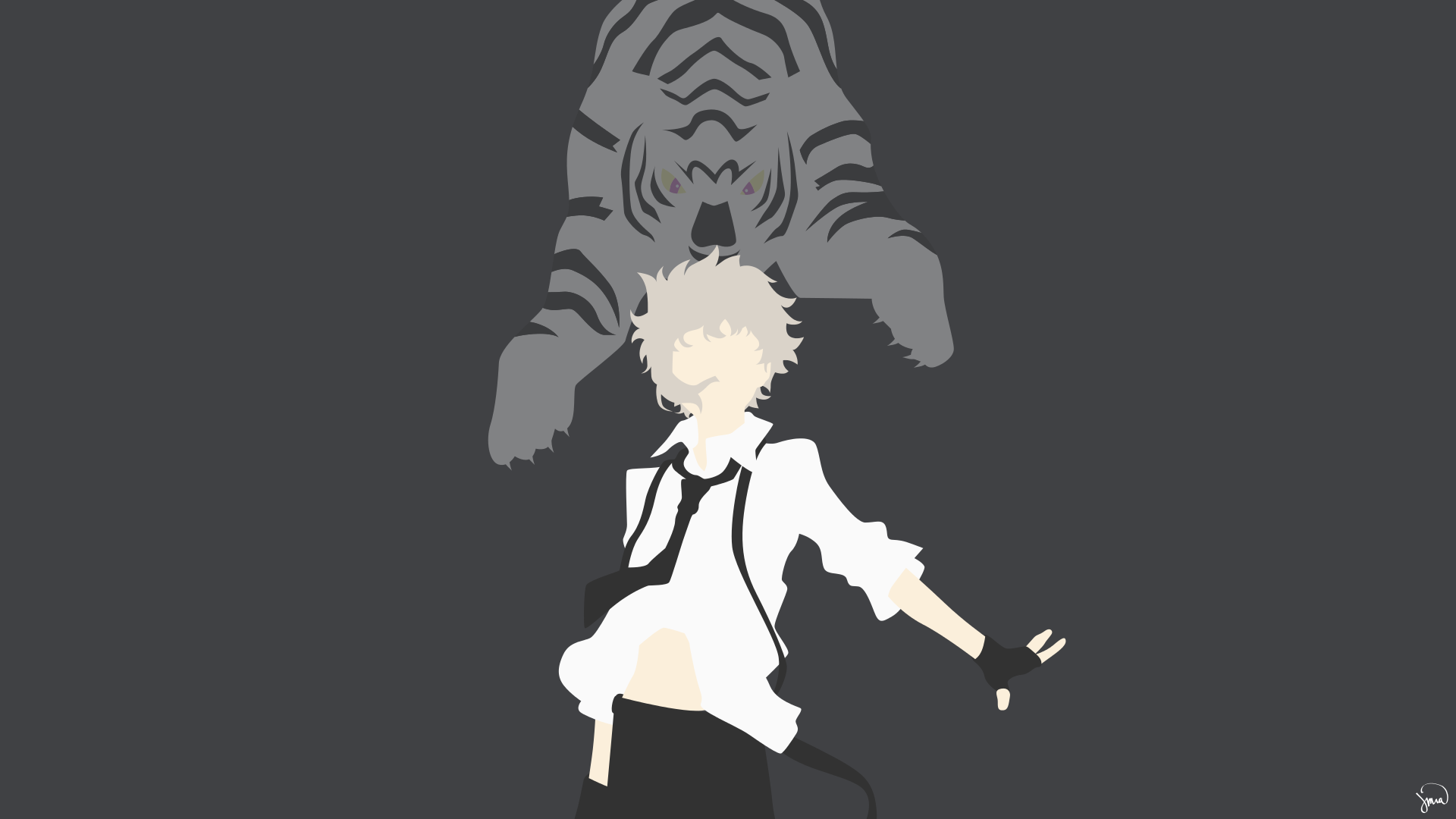 Minimalist HD PC desktop wallpaper of Atsushi Nakajima from the anime Bungou Stray Dogs, featuring his silhouette with a tiger shadow on a dark gray background.