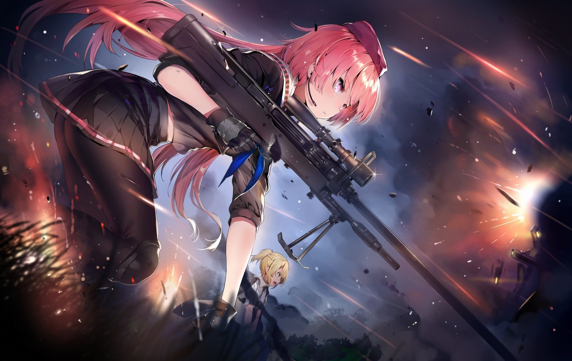 HD PC desktop wallpaper and background of Girls Frontline showing Welrod MK II and NTW-20 aiming rifles amid sparks and smoke — video game artwork