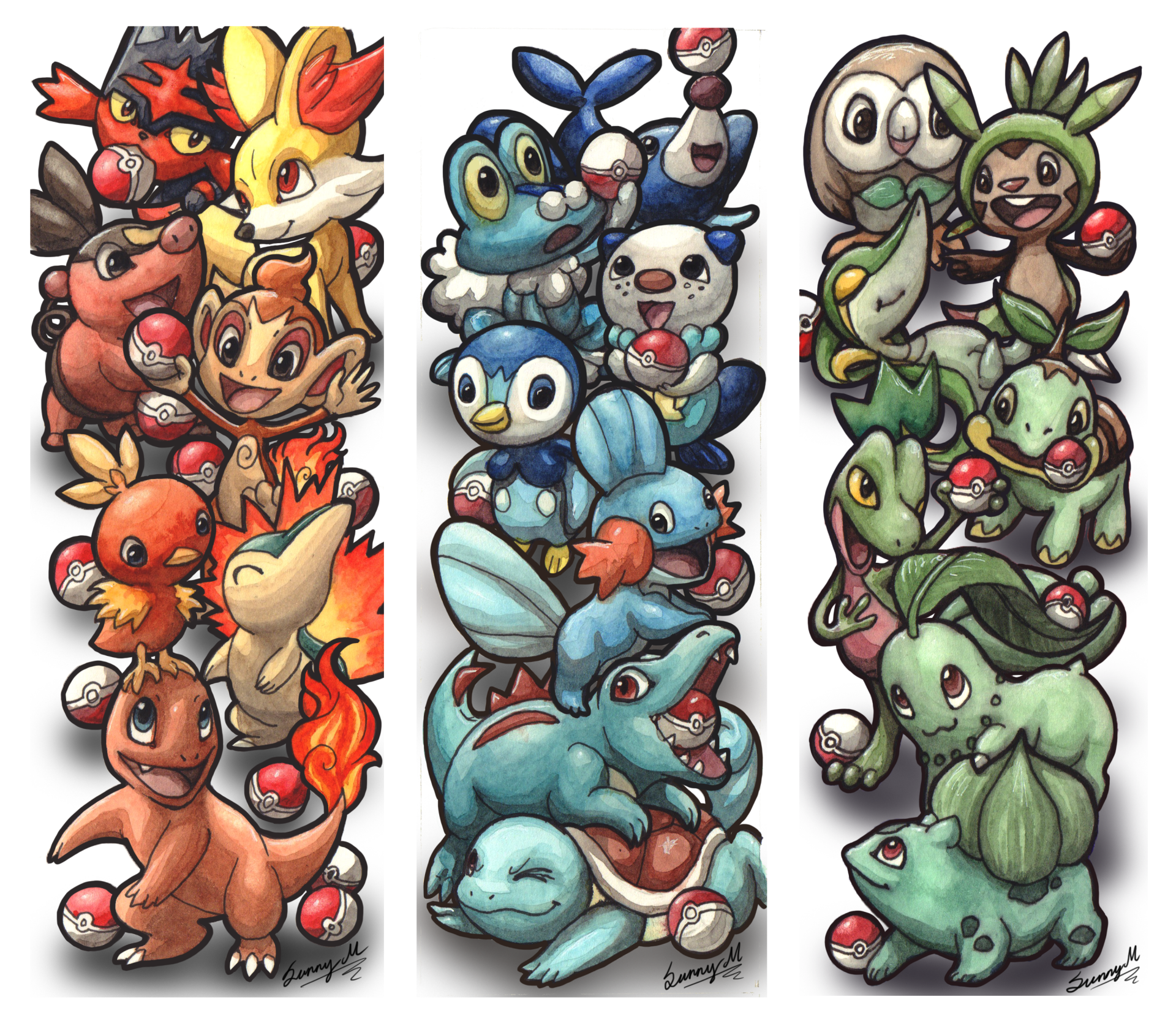 HD PC desktop wallpaper featuring colorful anime-style Pokemon characters grouped in three vertical panels.