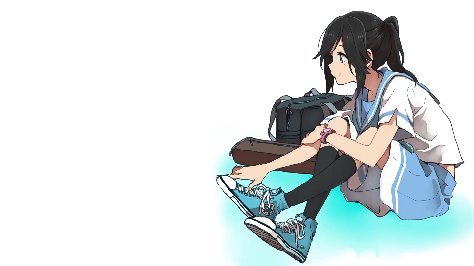 HD desktop wallpaper featuring an anime girl in a schoolgirl uniform, sitting with her legs crossed and wearing blue sneakers. She appears thoughtful with her backpack beside her against a plain backdrop.