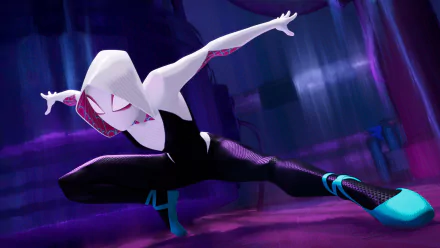 HD wallpaper of Spider-Gwen in a dynamic pose from Spider-Man: Into the Spider-Verse, set against a vibrant purple background.