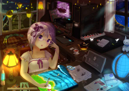 HD anime original desktop wallpaper featuring a girl with glasses sitting at a cozy, dimly lit desk cluttered with papers and glowing objects.