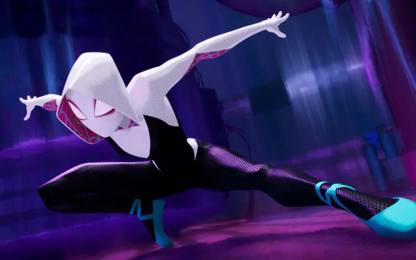 HD wallpaper of Spider-Gwen in a dynamic pose from Spider-Man: Into the Spider-Verse, set against a vibrant purple background.
