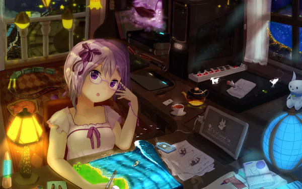 HD anime original desktop wallpaper featuring a girl with glasses sitting at a cozy, dimly lit desk cluttered with papers and glowing objects.