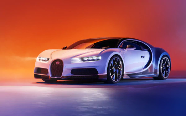 A sleek Bugatti Chiron sports car showcased in 4K Ultra HD, set against a vibrant orange and purple gradient background for a high-resolution PC desktop wallpaper.