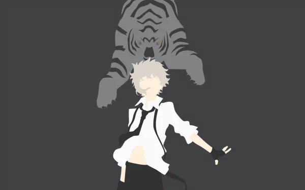 Minimalist HD PC desktop wallpaper of Atsushi Nakajima from the anime Bungou Stray Dogs, featuring his silhouette with a tiger shadow on a dark gray background.