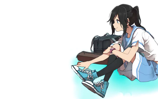 HD desktop wallpaper featuring an anime girl in a schoolgirl uniform, sitting with her legs crossed and wearing blue sneakers. She appears thoughtful with her backpack beside her against a plain backdrop.