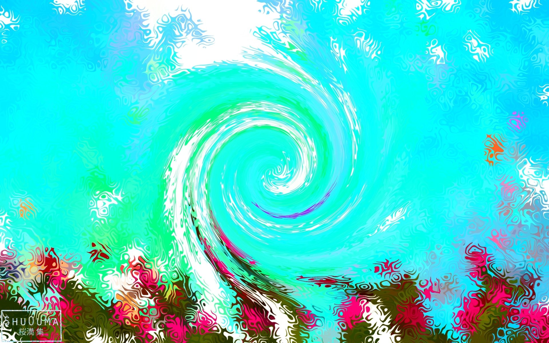 HD abstract wallpaper featuring a vibrant swirl against a light blue background with pops of pink and green at the edges.