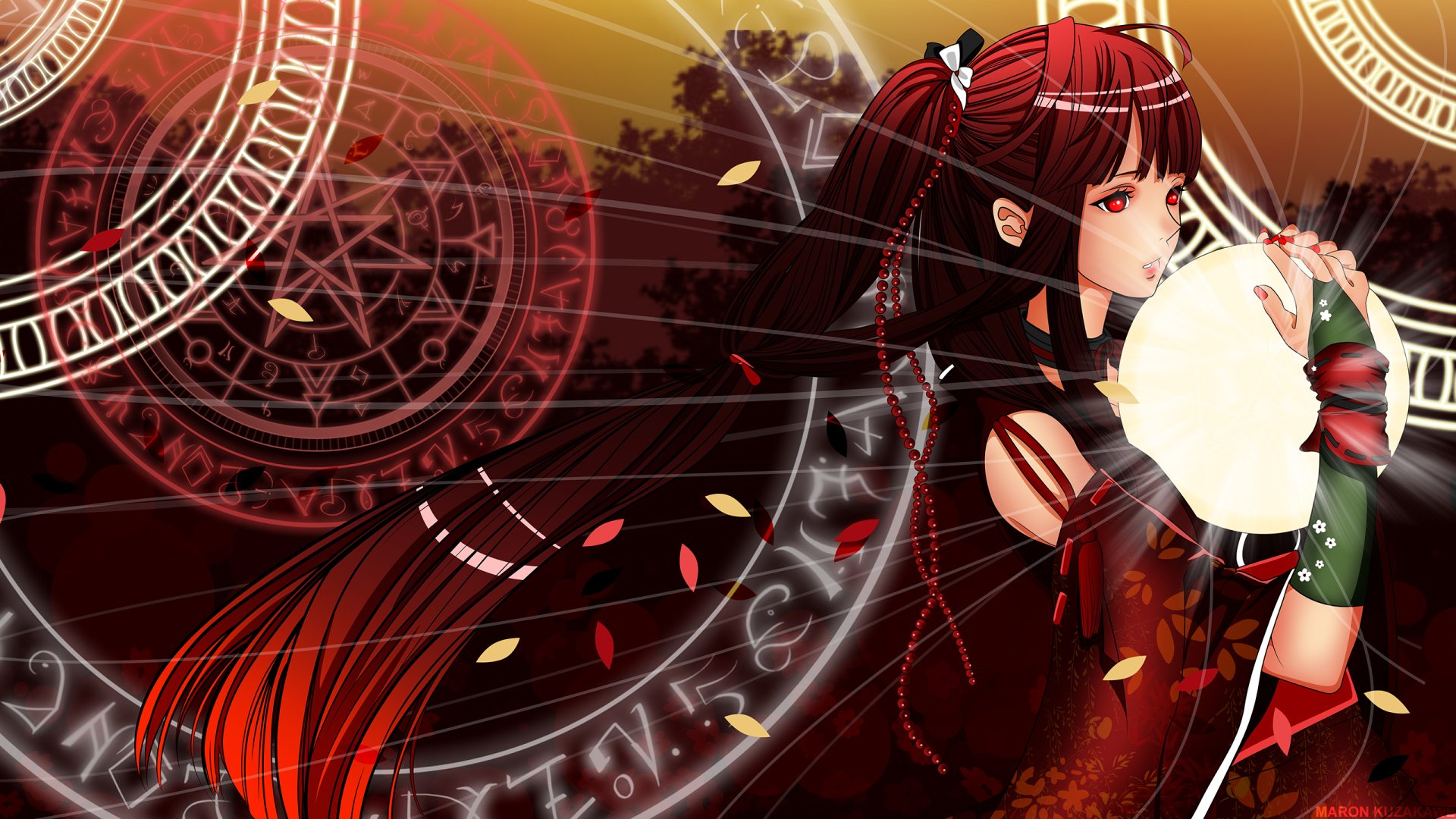 Anime original 2K Quad HD PC desktop wallpaper and background: red-haired girl with flowing hair holds a glowing orb amid swirling magical runes and falling petals.