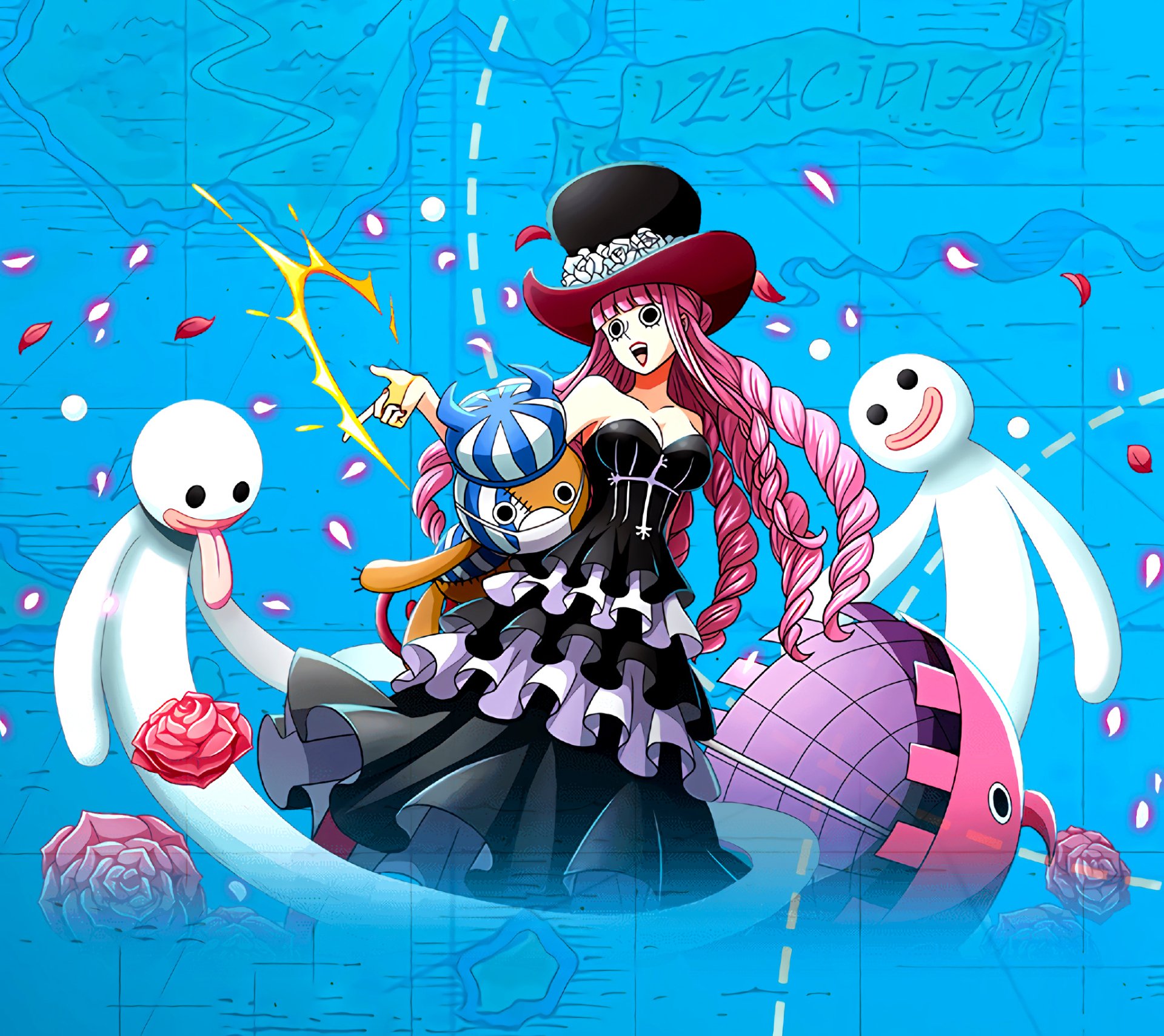 HD anime wallpaper featuring Perona from One Piece with her signature gothic outfit, pink hair, and ghostly companions against a vibrant blue background.