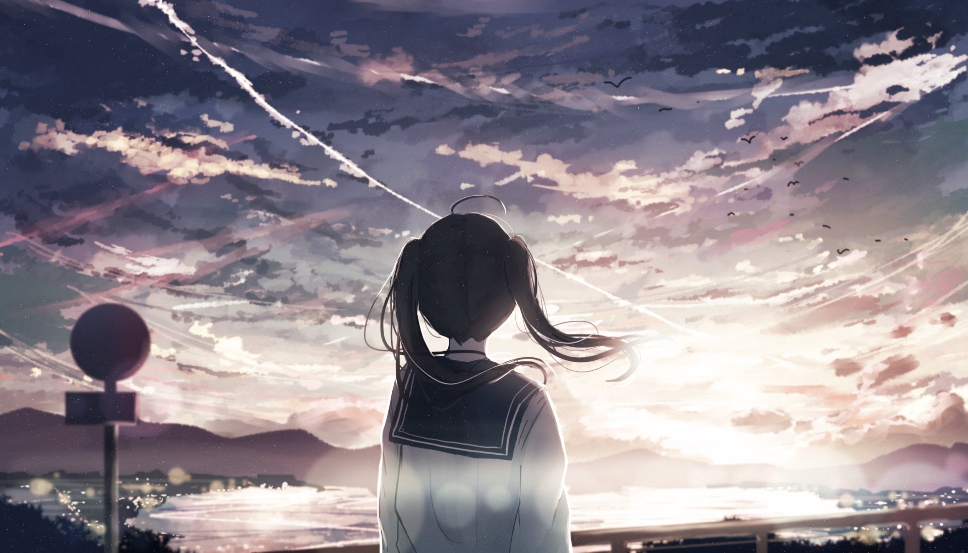 Anime-style HD desktop wallpaper featuring a girl with black twintails gazing at a vibrant sunset over a calm coastal landscape.
