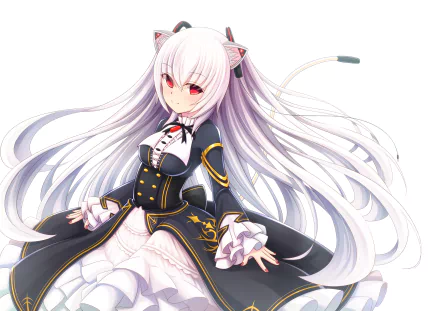 Anime-style Virtual YouTuber Nora Cat with long white hair and cat ears in detailed black and white outfit, featured in HD desktop wallpaper and background.