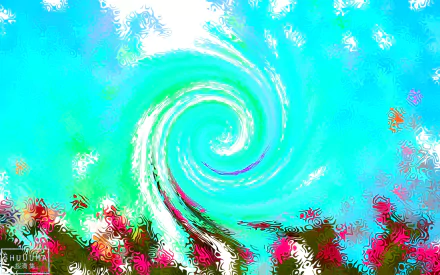 HD abstract wallpaper featuring a vibrant swirl against a light blue background with pops of pink and green at the edges.