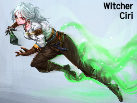 Ciri (The Witcher) lunges forward, white hair and leather outfit trailing green spectral energy — HD PC desktop wallpaper from the video game The Witcher 3: Wild Hunt.