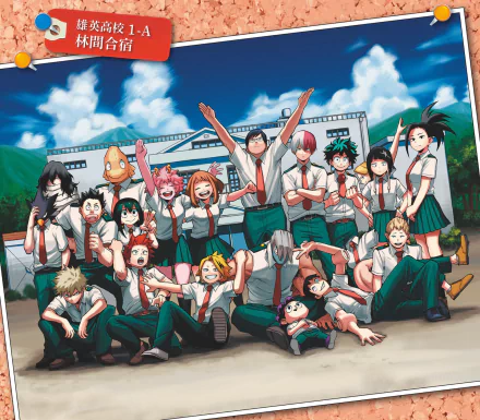 HD desktop wallpaper featuring characters from the anime My Hero Academia in school uniforms, posing cheerfully in front of the academy with a clear blue sky in the background.