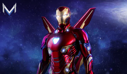 HD desktop wallpaper of Iron Man in armor from Avengers: Endgame, set against a cosmic background.