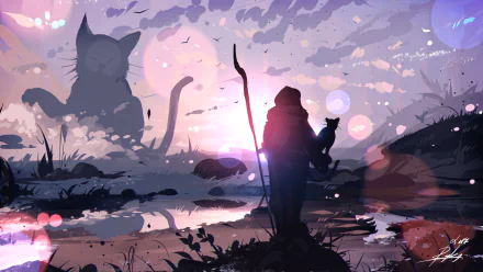 HD fantasy landscape wallpaper featuring a silhouetted figure holding a cat, gazing at a giant cat shape in the pastel-hued sky, with ethereal light flares illuminating the serene scene.