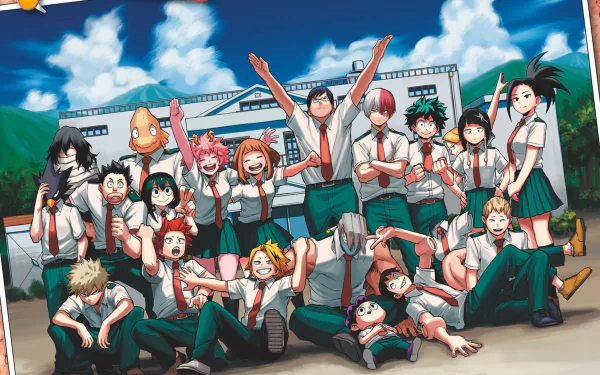 HD desktop wallpaper featuring characters from the anime My Hero Academia in school uniforms, posing cheerfully in front of the academy with a clear blue sky in the background.
