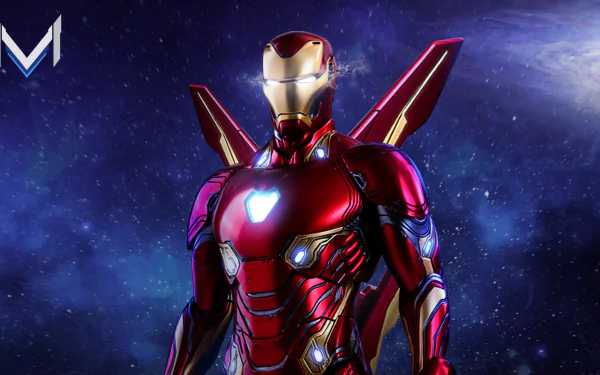 HD desktop wallpaper of Iron Man in armor from Avengers: Endgame, set against a cosmic background.