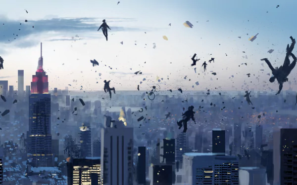 HD PC desktop wallpaper showing an artistic cityscape with skyscrapers and people floating above the urban skyline in a surreal, dreamlike atmosphere.