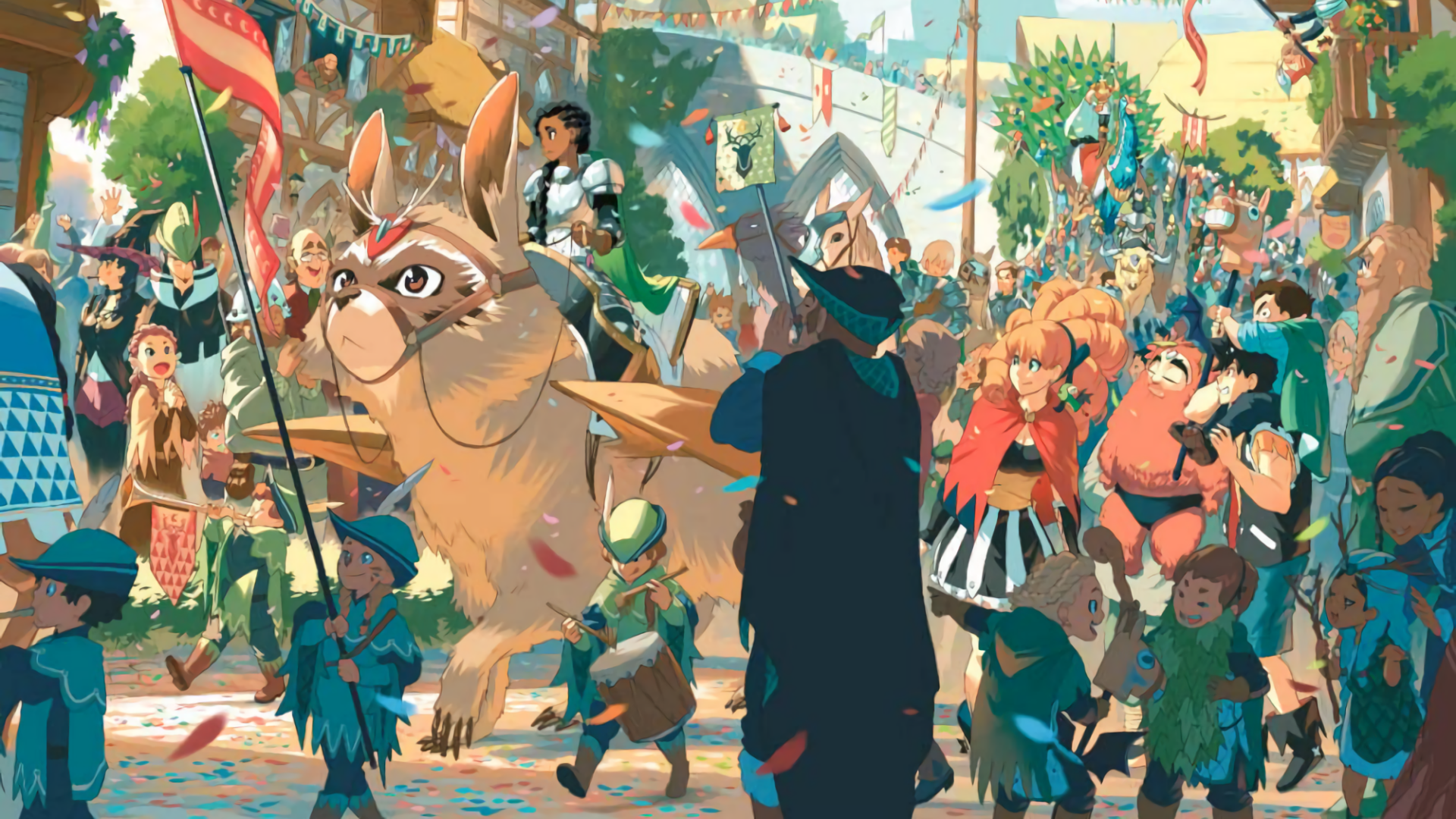 HD PC desktop wallpaper featuring Mélie and Seth from the anime Radiant in a vibrant, bustling festival scene full of diverse characters and colorful decorations.