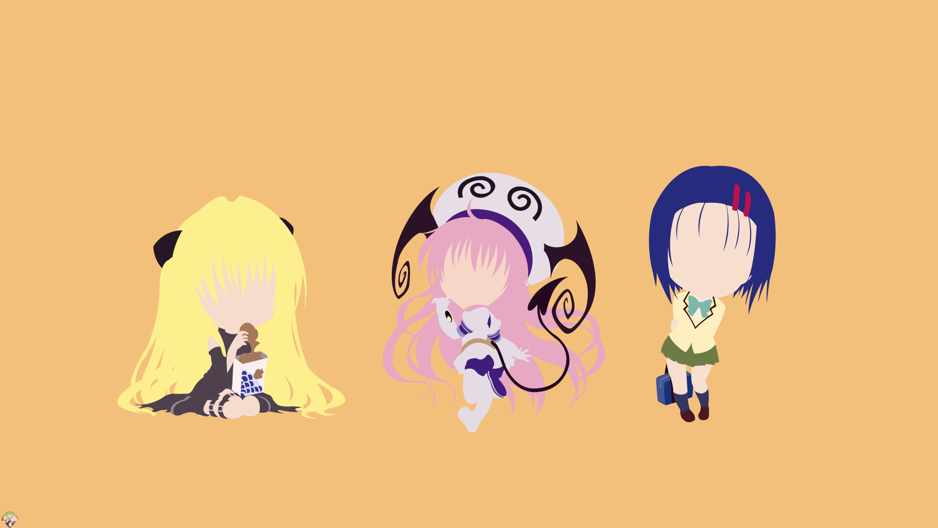 Minimalist 4K Ultra HD PC desktop wallpaper of chibi silhouettes of Haruna Sairenji, Lala Satalin Deviluke, and Golden Darkness from To Love-Ru on a warm orange background.