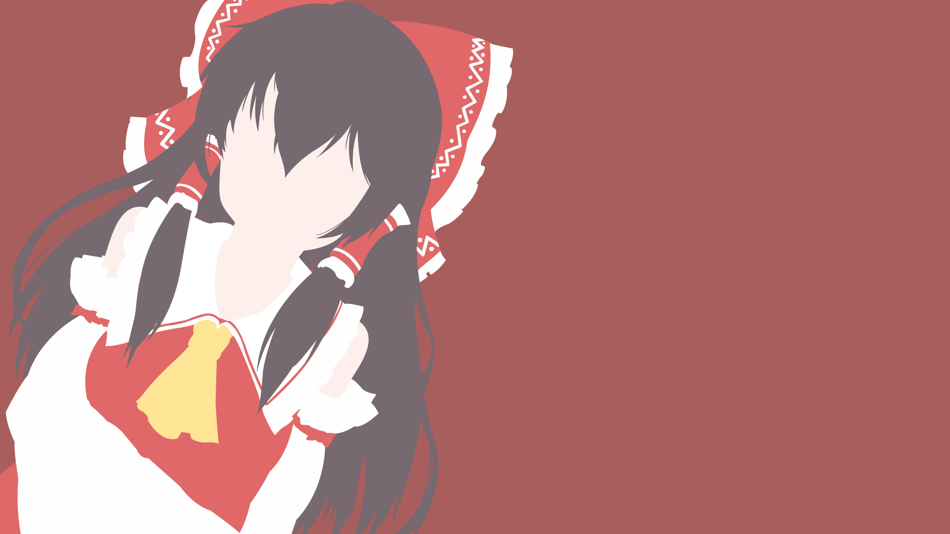 Minimal flat-color illustration of Reimu Hakurei from Touhou in a red shrine-maiden outfit with a large ribbon, set against a muted red field — 4K Ultra HD PC desktop wallpaper/background.